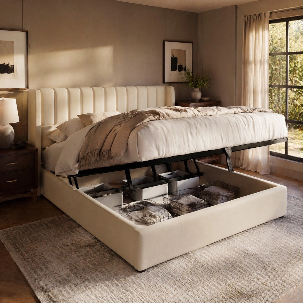 Letto contenitore idraulico 140x200 cm con testiera imbottita