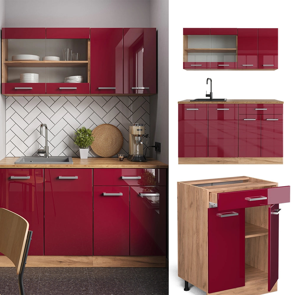 Vicco Cucina monoblocco Rosso lucido/rovere dorato 140 cm , PL Antracite