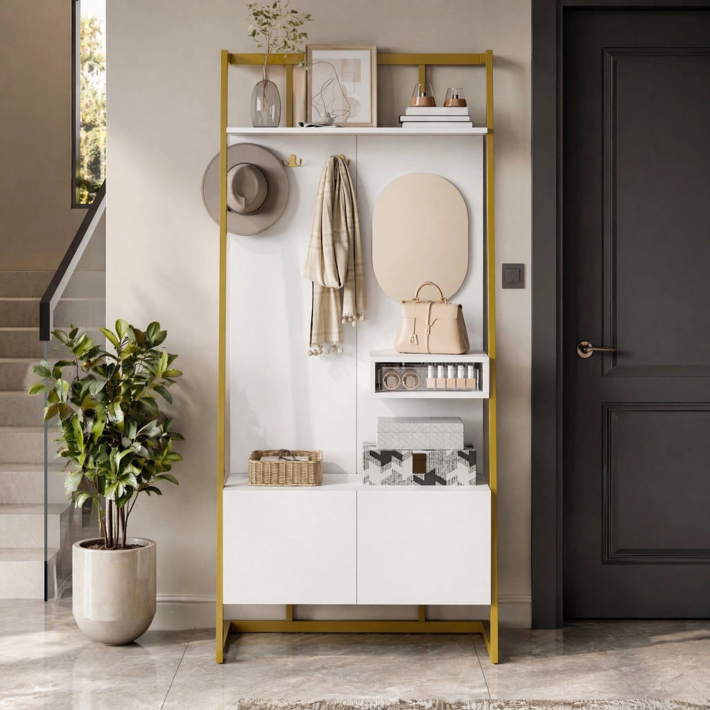 ARMADIO ingresso con specchio e ganci 78 x 38,5 x 180,5 cm MDF bianco