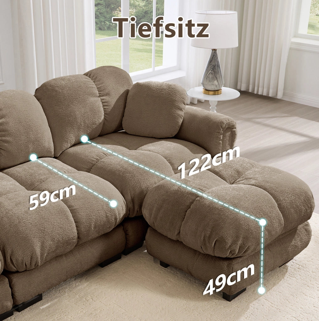 Divano angolare a L 3 posti in chenille marrone con pouf mobile e 2 cuscini decorativi