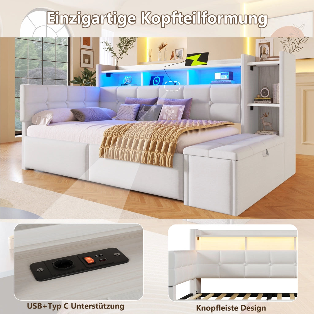 Daybed 90x190 cm in velluto bianco con 2 cassetti; LED; USB e porta Type-C