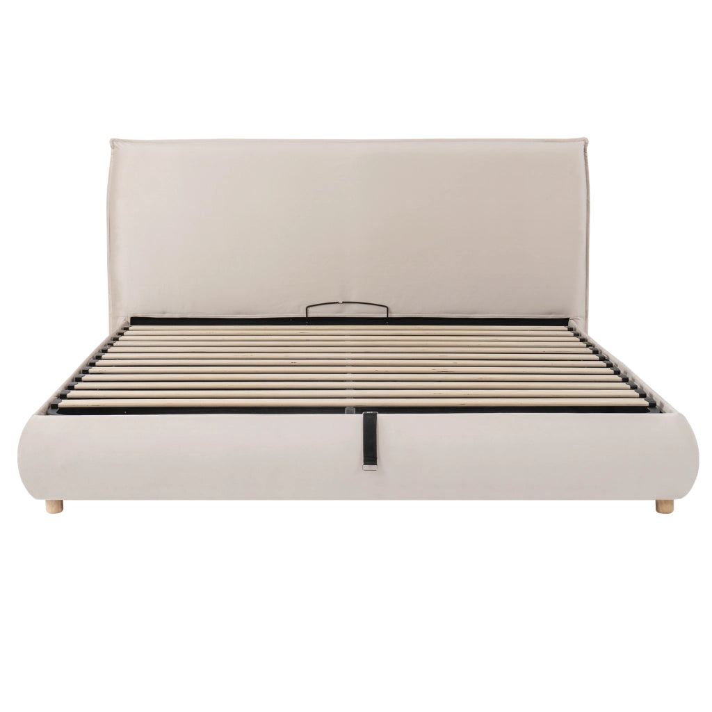 Letto matrimoniale 160 × 200 cm con contenitore idraulico e testiera imbottita, senza materasso, in velluto crema