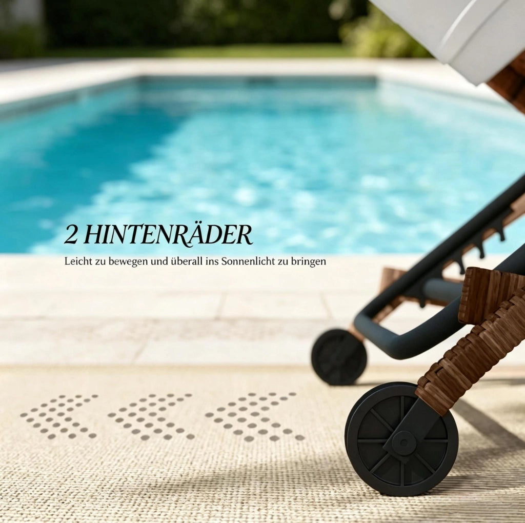 Sdraio da terrazza moderna con ruote, lettino da giardino regolabile in 5 posizioni, struttura in acciaio zincato e resina intrecciata, cuscini beige e marrone