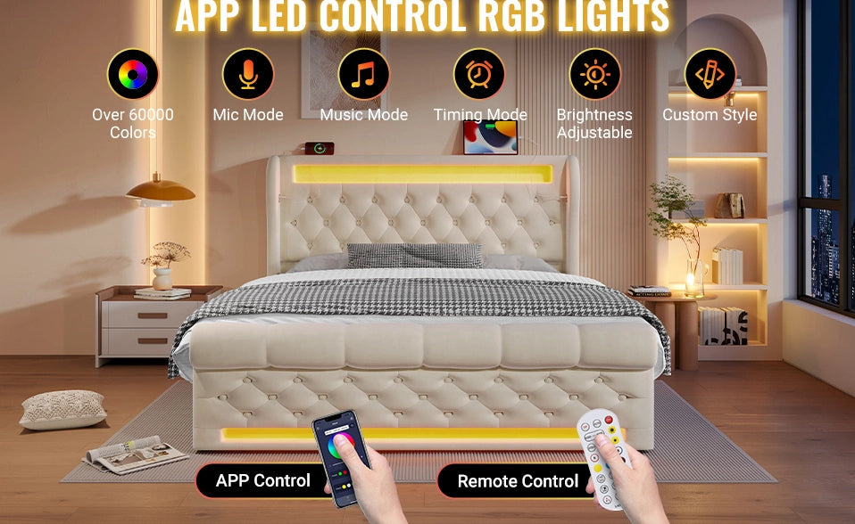 Letto imbottito matrimoniale beige 140x190 cm con LED, porta USB e Type-C, contenitore idraulico in velluto senza materasso