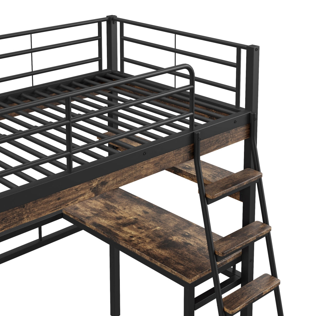 Letto a soppalco 90x200 cm con scrivania e ripiani in metallo e MDF nero