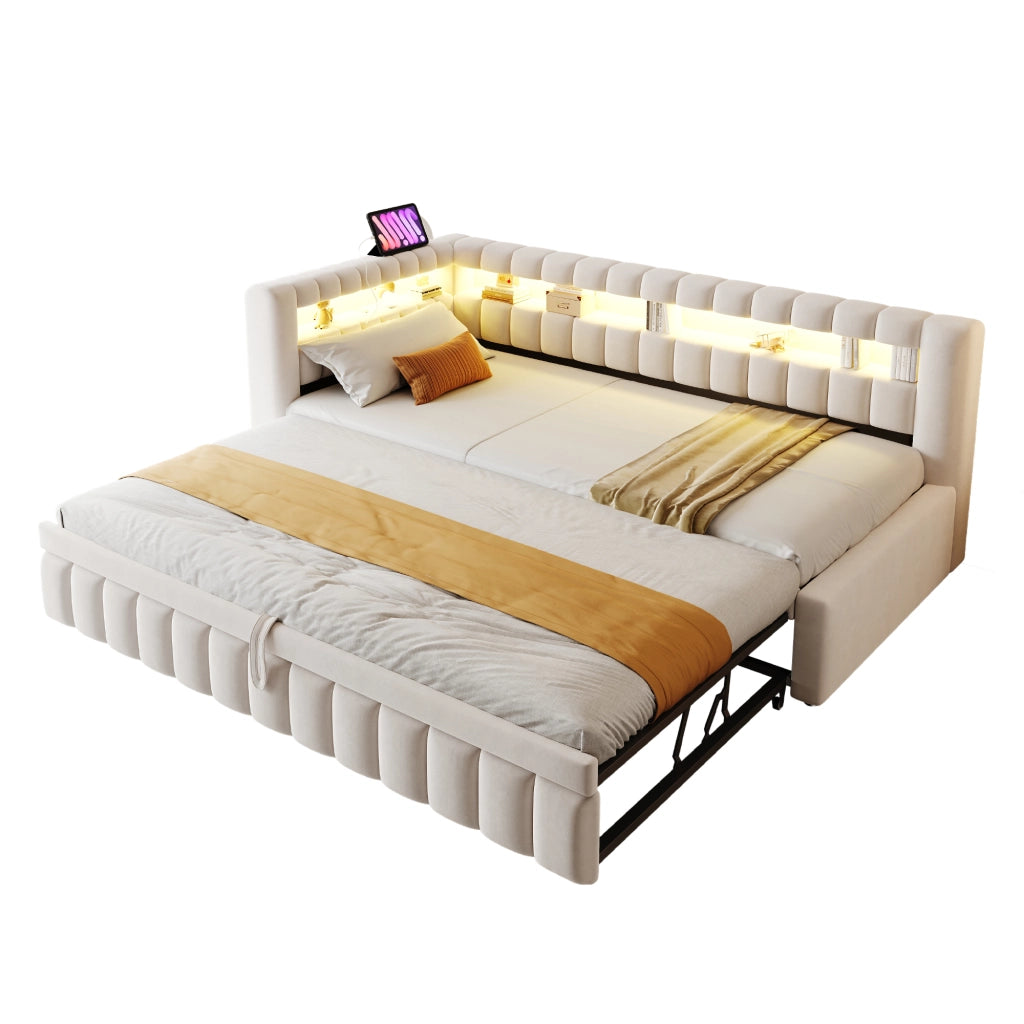 Divano letto estraibile 90x200 cm con LED; USB e Type-C; vani portaoggetti; metallo e velluto beige