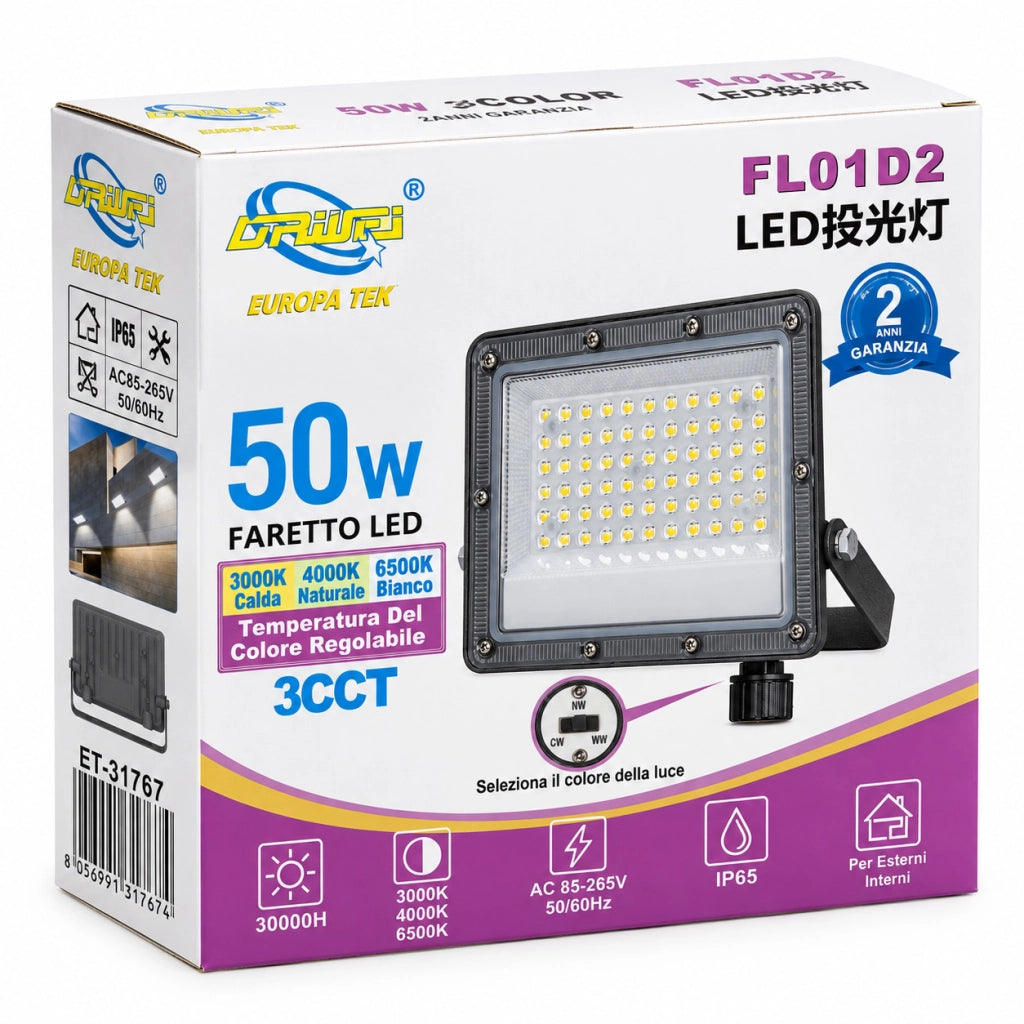 FARO LED 50W ESTERNO IP65 FARETTO GIARDINO 3CCT 3000K 4000K 6500K LUCE ET-31767
