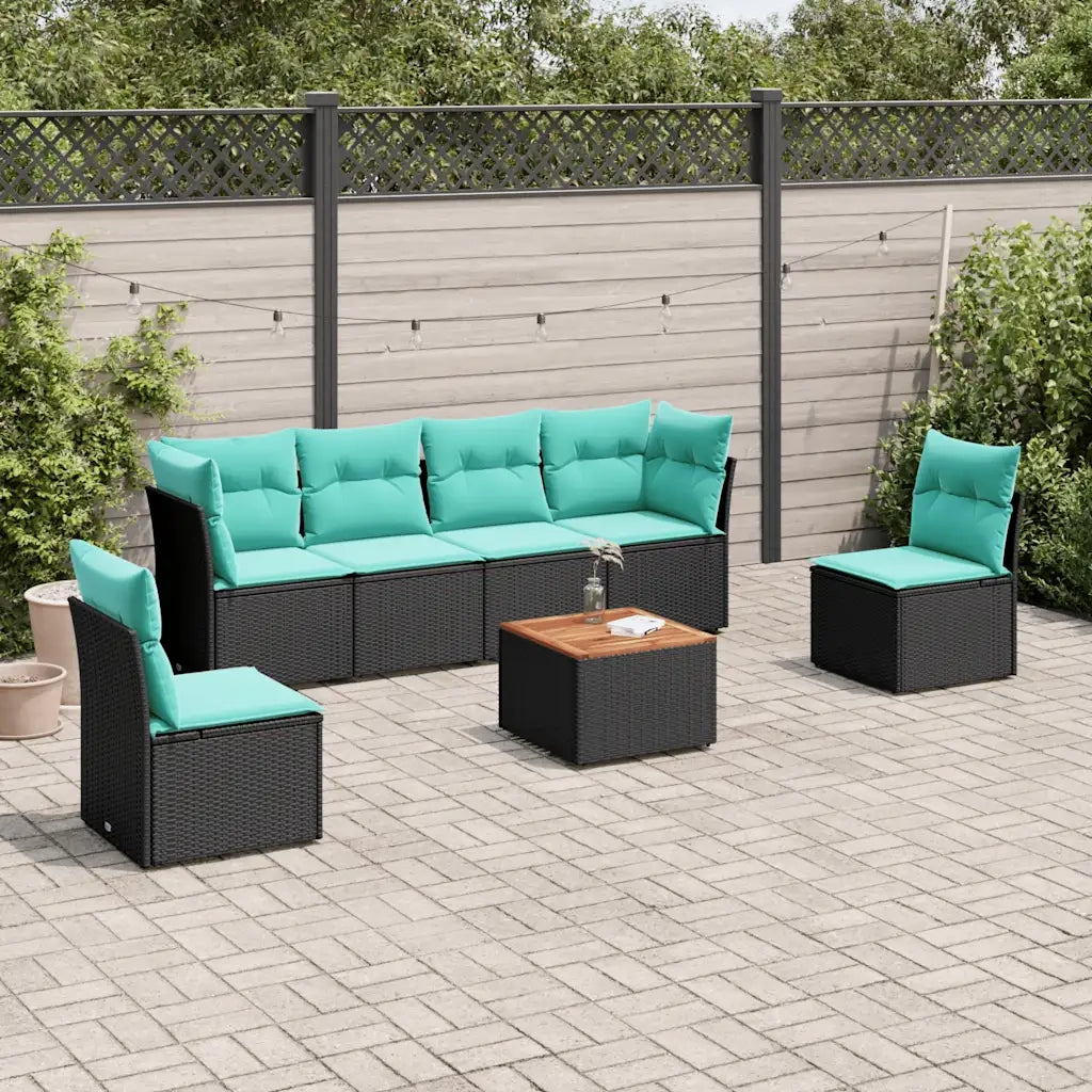 Set Divani da Giardino 7 pz con Cuscini Nero in Polyrattan