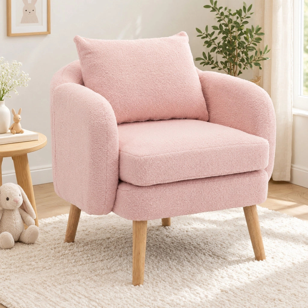 Poltrona 1 posto 71x72x71 cm in tessuto teddy rosa con cuscino e struttura in legno