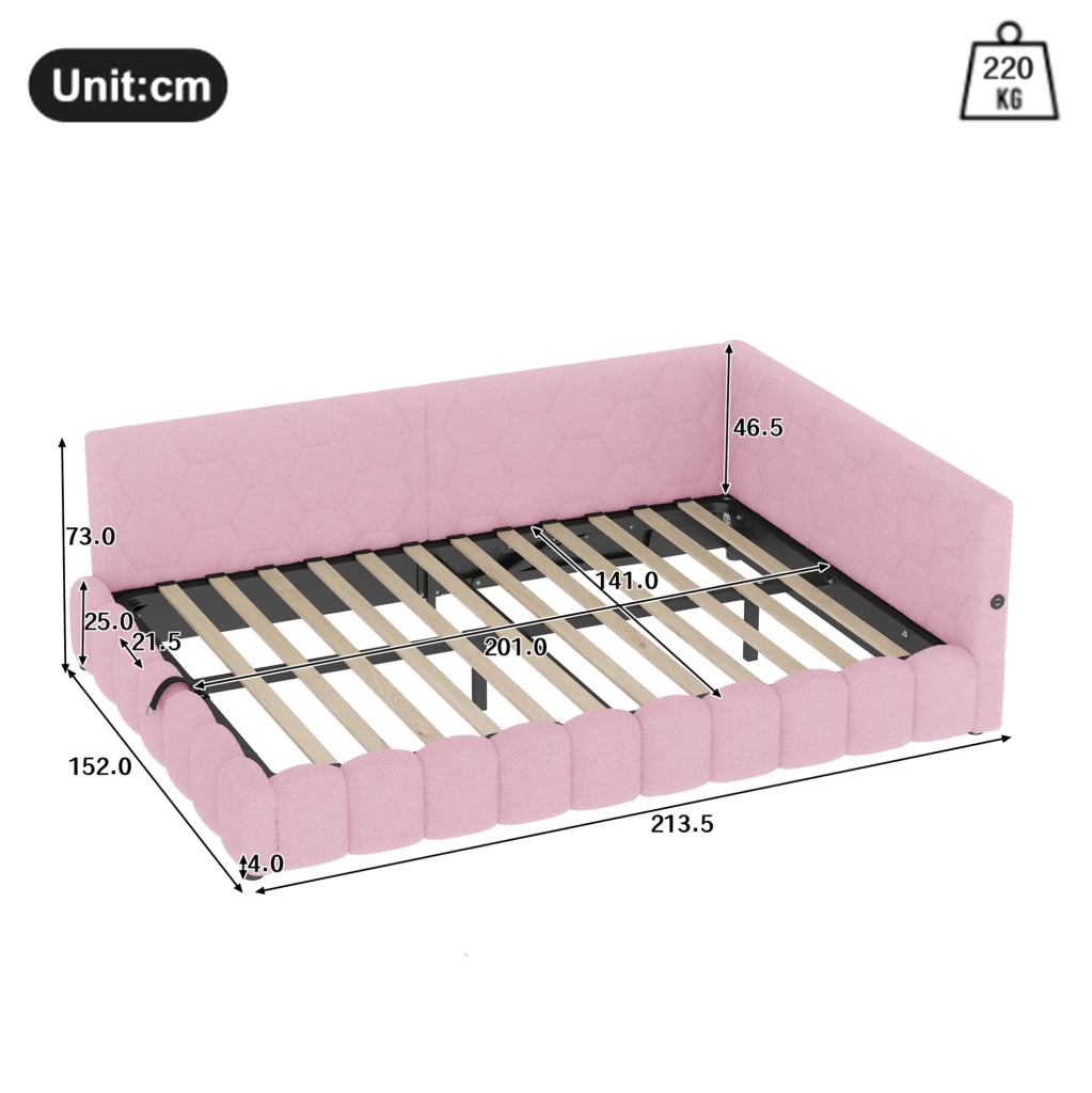 Daybed 140x200 cm rosa con contenitore idraulico, LED, USB e Type-C