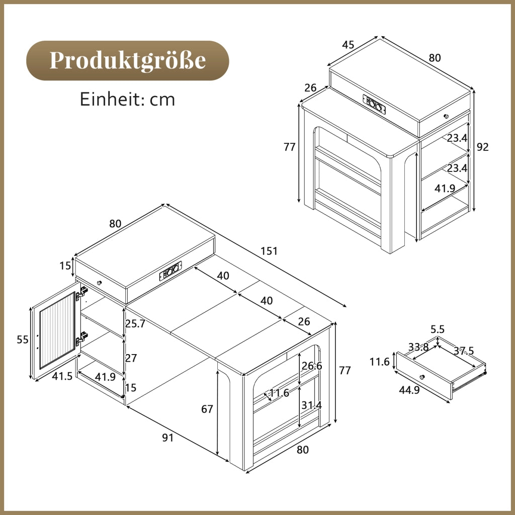 Tavolo allungabile con mobile contenitore e prese integrate MDF bianco e naturale 80 × 71~111~151 × 92 cm