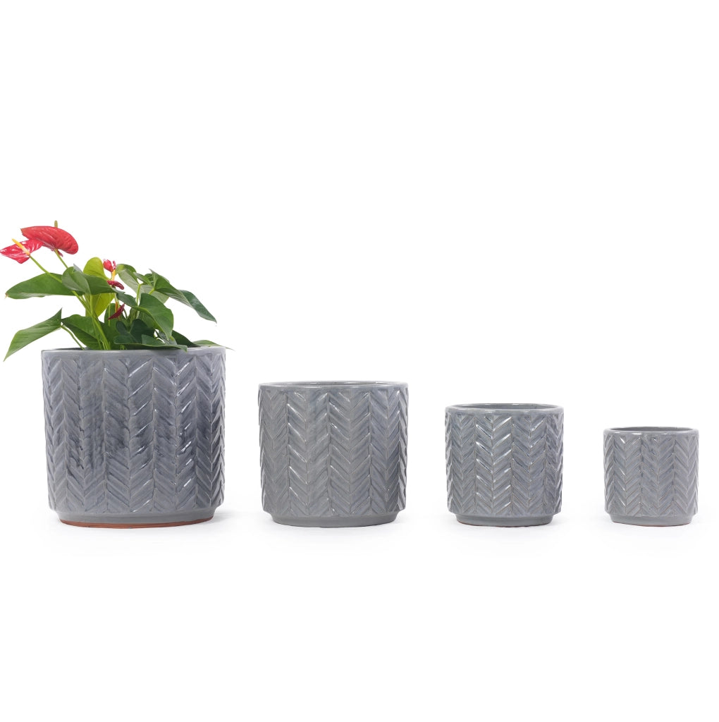 Vaso in ceramica media Ø31,5 cm con rilievo motivo spina di pesce, colore grigio cenere lucido, con foro di drenaggio, resistente al gelo