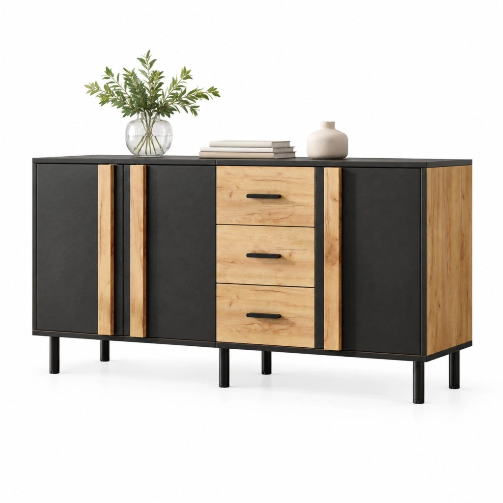 Credenza e madia con 3 ante e 3 cassetti, 6 gambe in metallo, per soggiorno, in MDF nero e legno, 140 × 35 × 70 cm