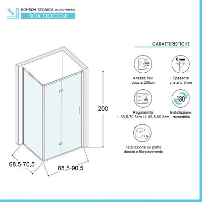 Box doccia 70x90 cm con porta a soffietto trasparente H 200 cm Ted