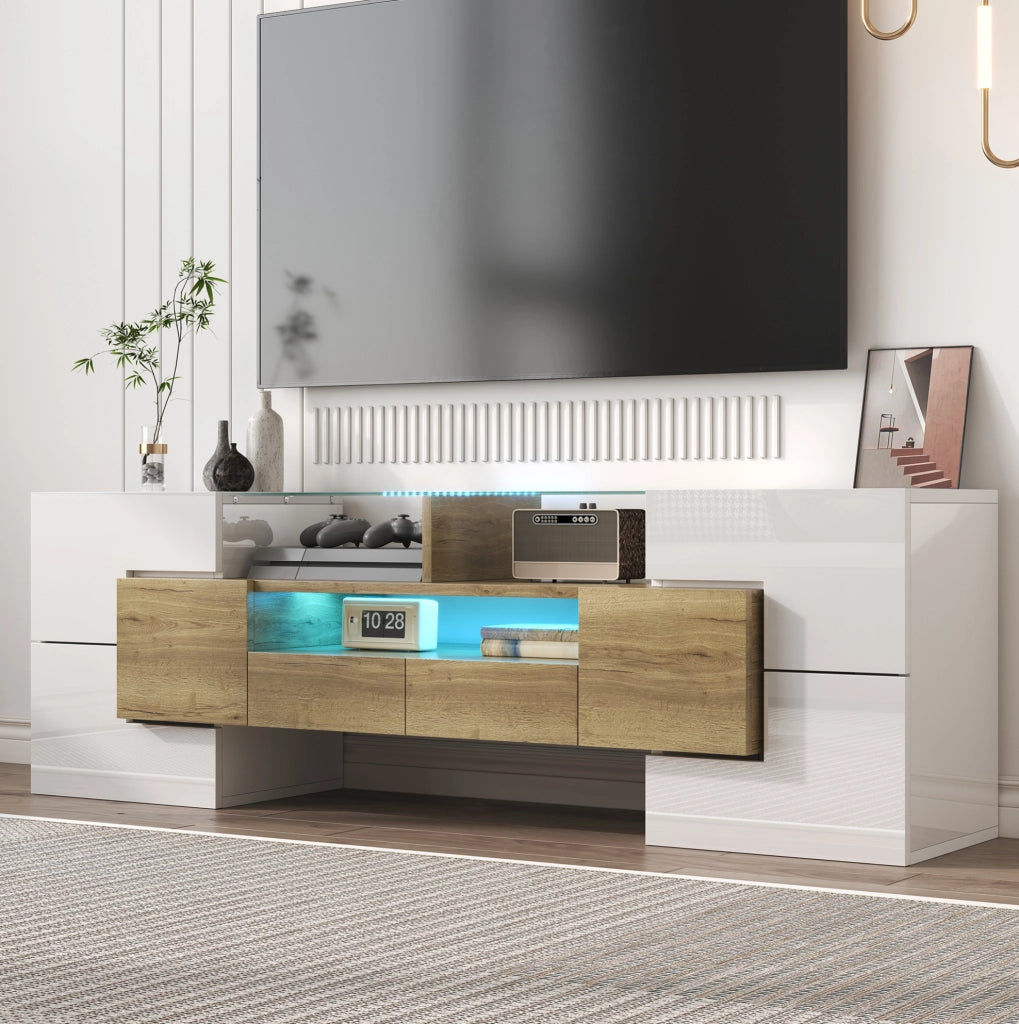 Mobile TV lucido bianco e oro con LED, 145 cm