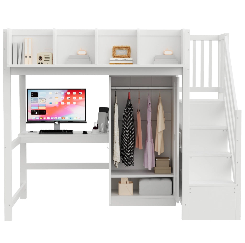 Letto a soppalco 90x200 cm bianco in legno - con scrivania e armadio