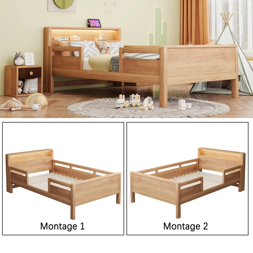 Letto per bambini multifunzione 90 × 200 cm in legno di pino con luce LED ricarica USB e Tape-C ripiano