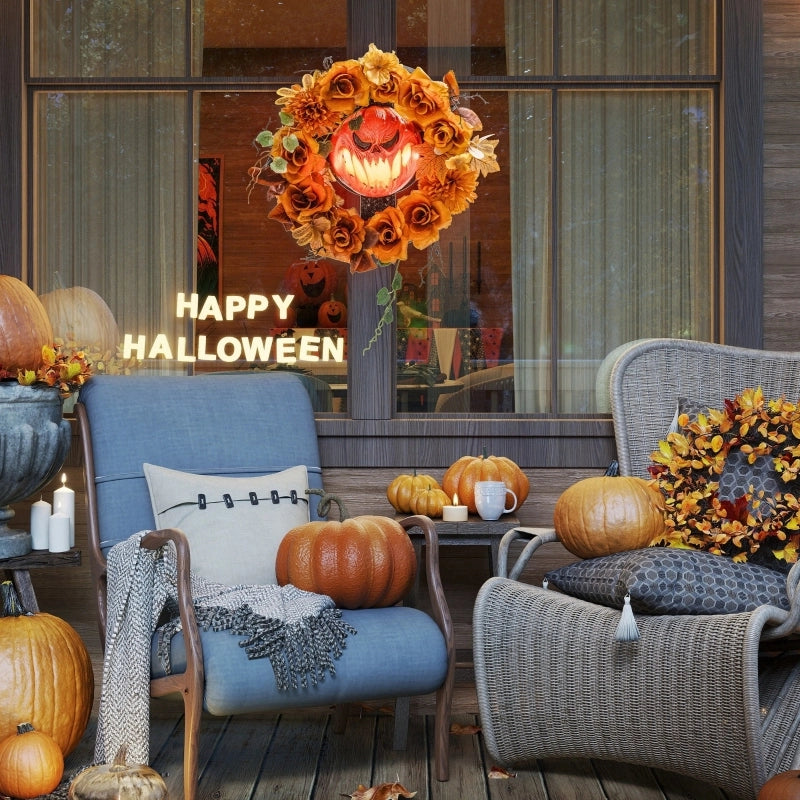 Ghirlanda Halloween da appendere con zucca, 44 LED arancione, 44 × 9 × 44 cm per porta e finestra
