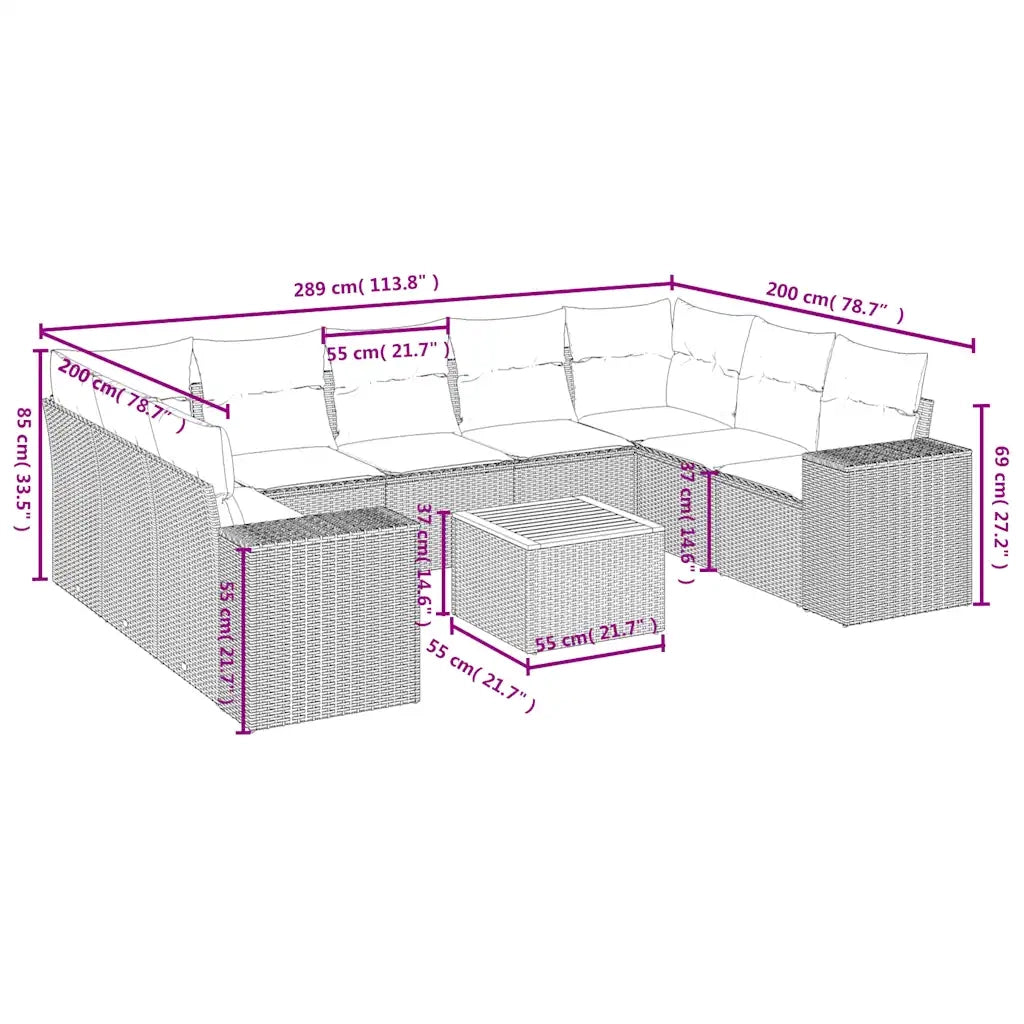 Set Divani da Giardino 10 pz con Cuscini Grigio in Polyrattan 3225592