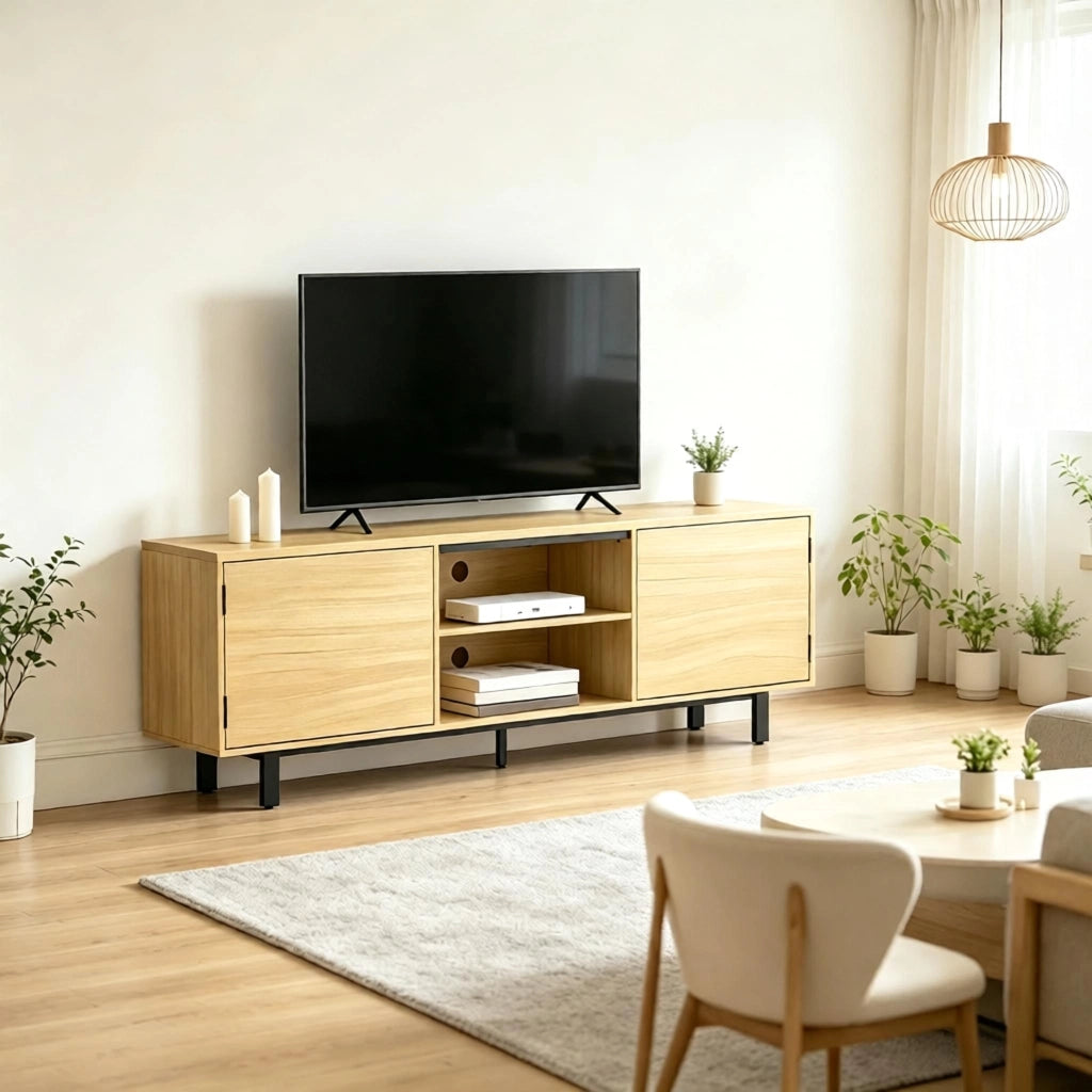 Mobile TV 160x35x55.5 cm con ante a pressione in pannello truciolare e metallo naturale e nero