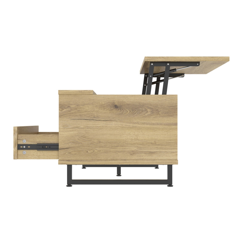 Tavolino da soggiorno multifunzionale con piano regolabile in altezza, LED integrato e ampio spazio contenitivo, struttura in metallo, finitura legno e nero, 103,5x50x27,5 cm