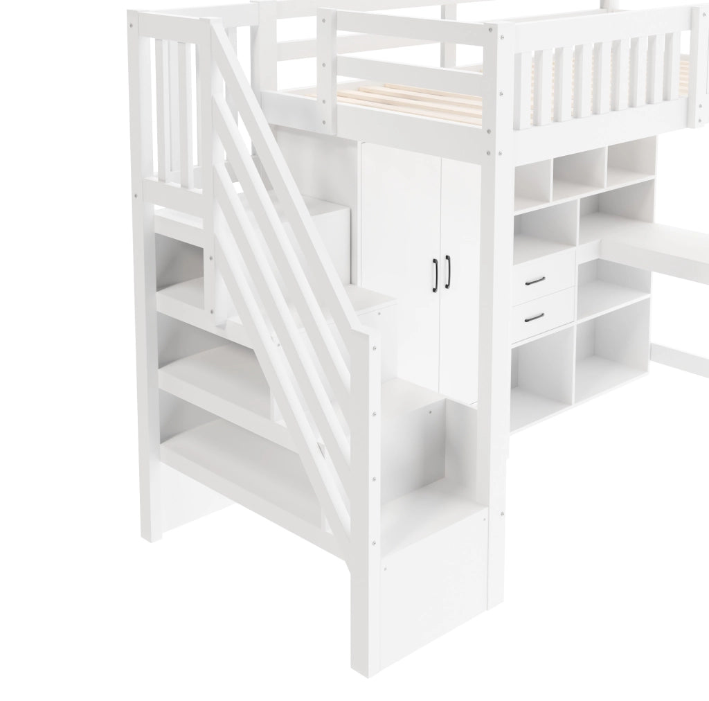 Letto a soppalco 90x200 cm con scrivania, armadio, cassetti e scaletta con contenitori, bianco, senza materasso