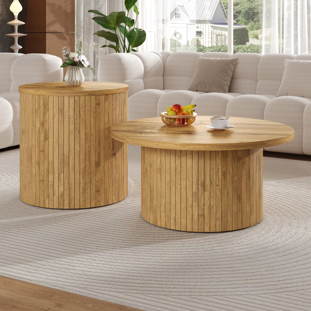 OKWISH Tavolini da Salotto Impilabili Rotondi con Doppia Struttura Separabile, Stile Minimalista, MDF, Naturale