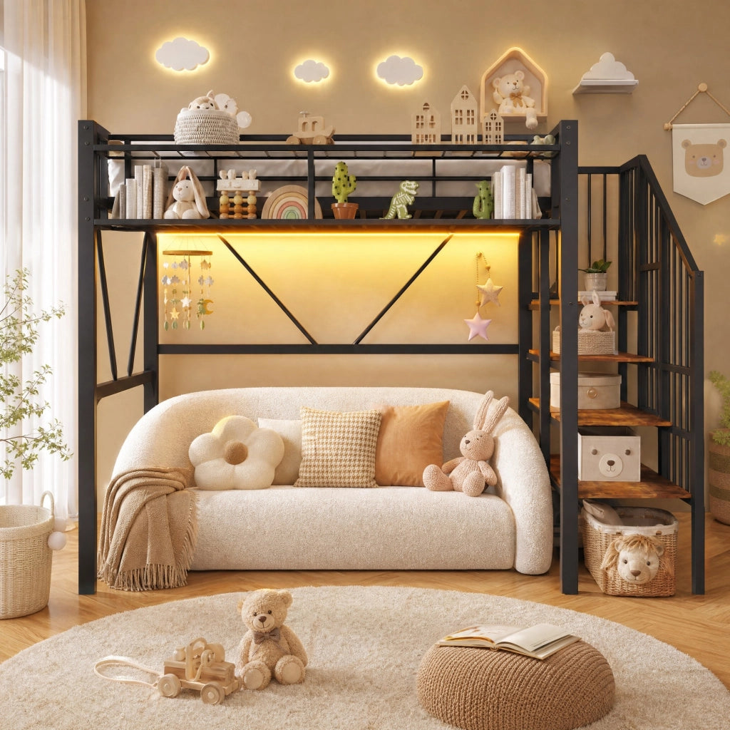 Letto a soppalco 90x200 cm in metallo e MDF, con ripiani a gradini, vano aperto, LED, nero