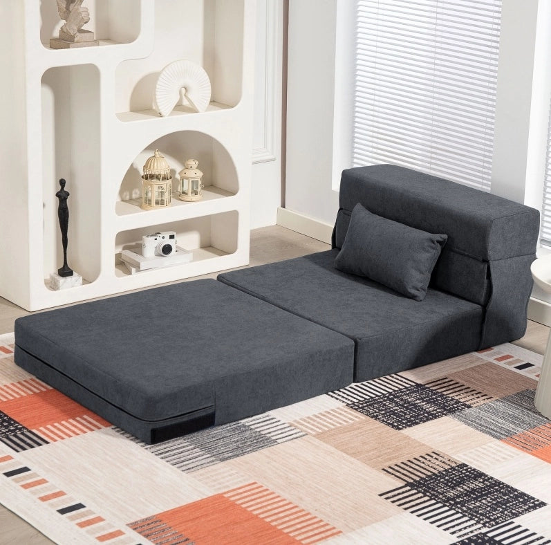 Poltrona Relax 3 in 1 con funzione letto, rivestimento in flanella grigio scuro, con cuscino lombare, ideale per soggiorno