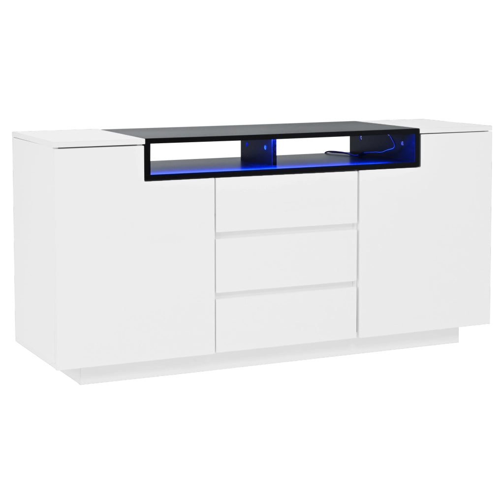 Madia 140x40x68 cm bianca e nera con 2 ante; 3 cassetti e luci LED HOMVRA