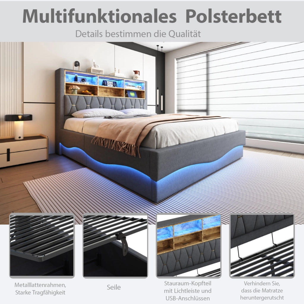 Letto contenitore 180 × 200 cm con sollevamento idraulico LED USB testiera imbottita in lino struttura in metallo grigio