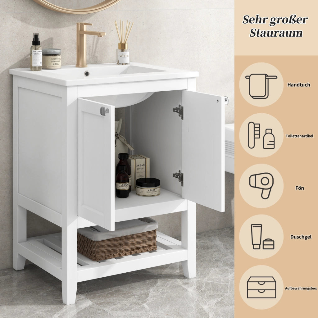 Mobile bagno a pavimento con lavabo in ceramica; bianco; legno massello e MDF