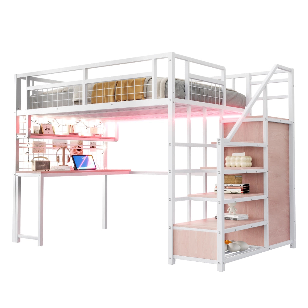 Letto a Soppalco 140x200 cm con Scrivania; Ripiano; LED; prese e rete in Metallo Bianco