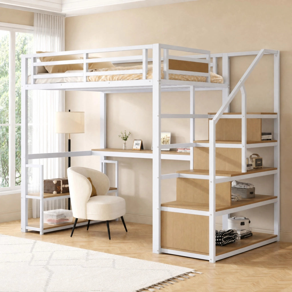 Letto a soppalco in metallo 140x200 cm con scrivania, scaffali e scala contenitore, bianco