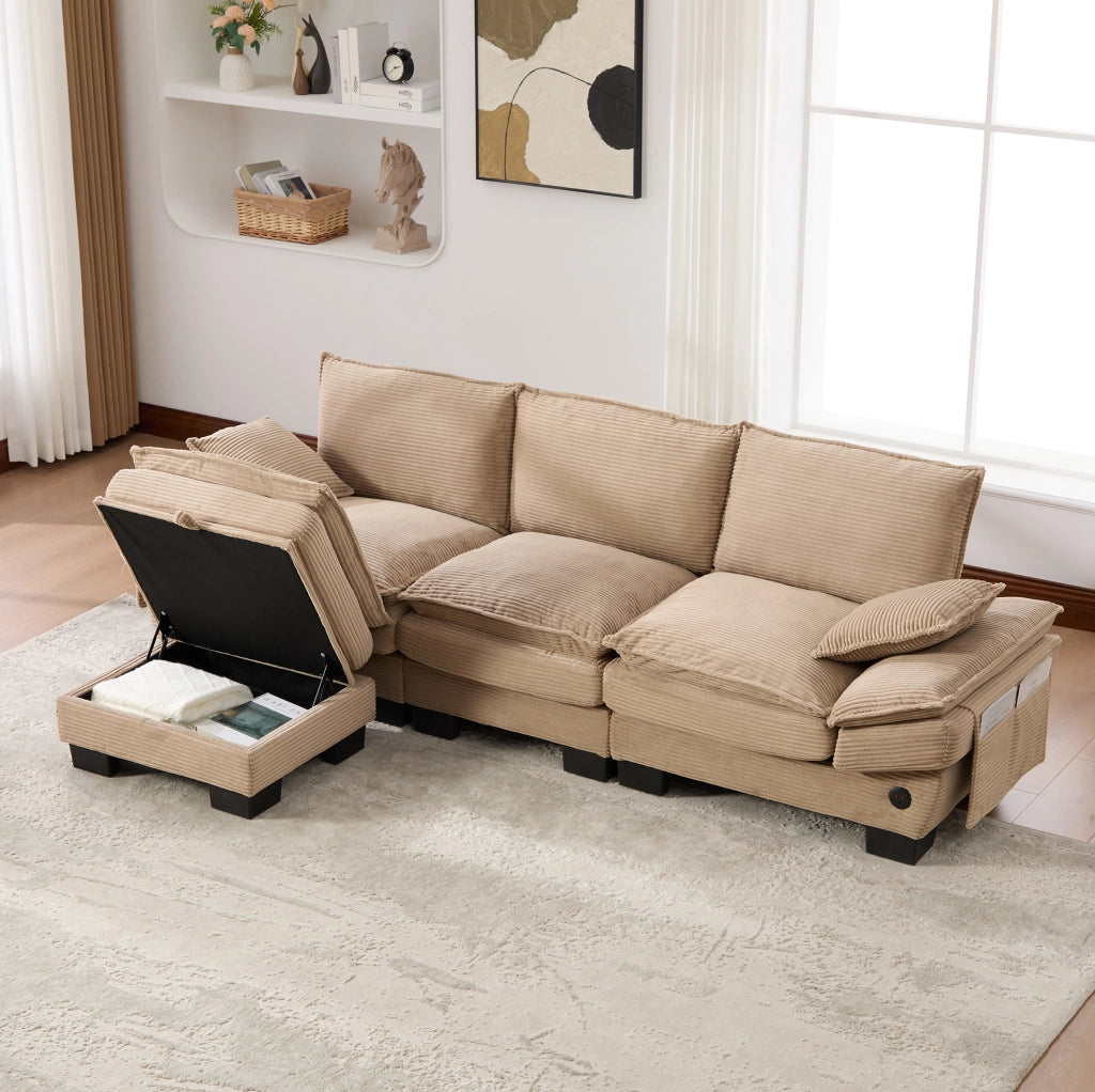 Divano modulare 3 posti con pouf; USB-C e tasche laterali; velluto a coste kaki