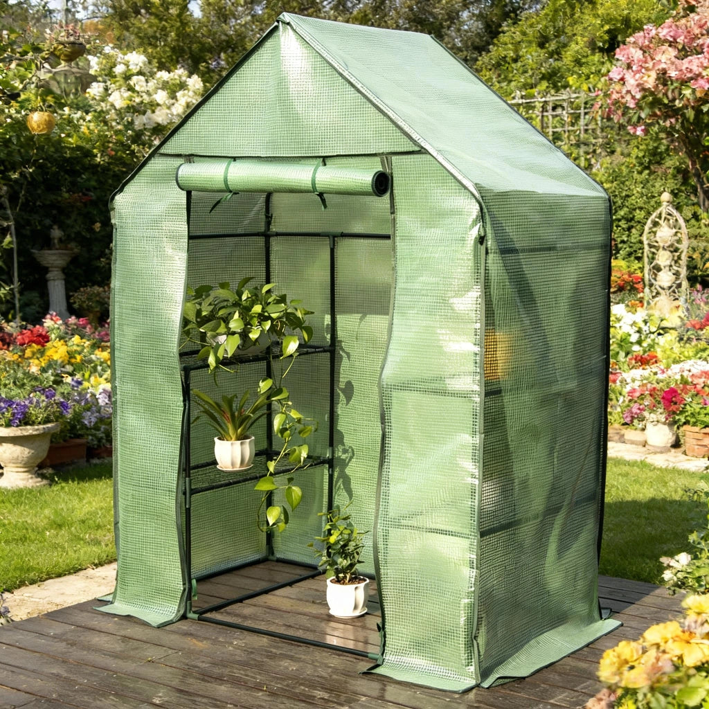 Serra per pomodori con copertura verde resistente allo strappo e ai raggi UV; porta con cerniera 143 × 215 × 195 cm