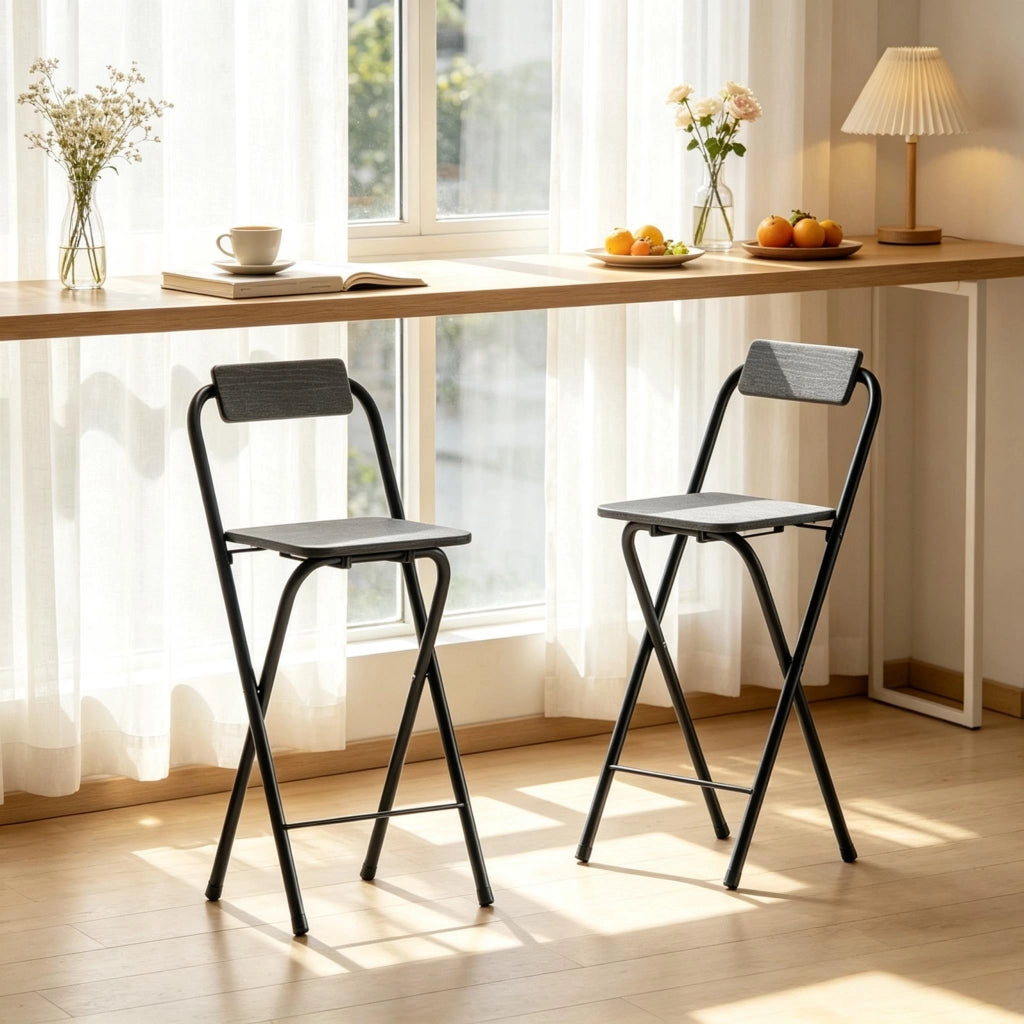 Sgabello da bar pieghevole 2 pezzi con schienale e poggiapiedi in acciaio e MDF nero per tavoli 89–99 cm