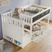 Letto a castello per bambini 90x200 cm in legno bianco con lavagna e protezione anticaduta, senza materasso