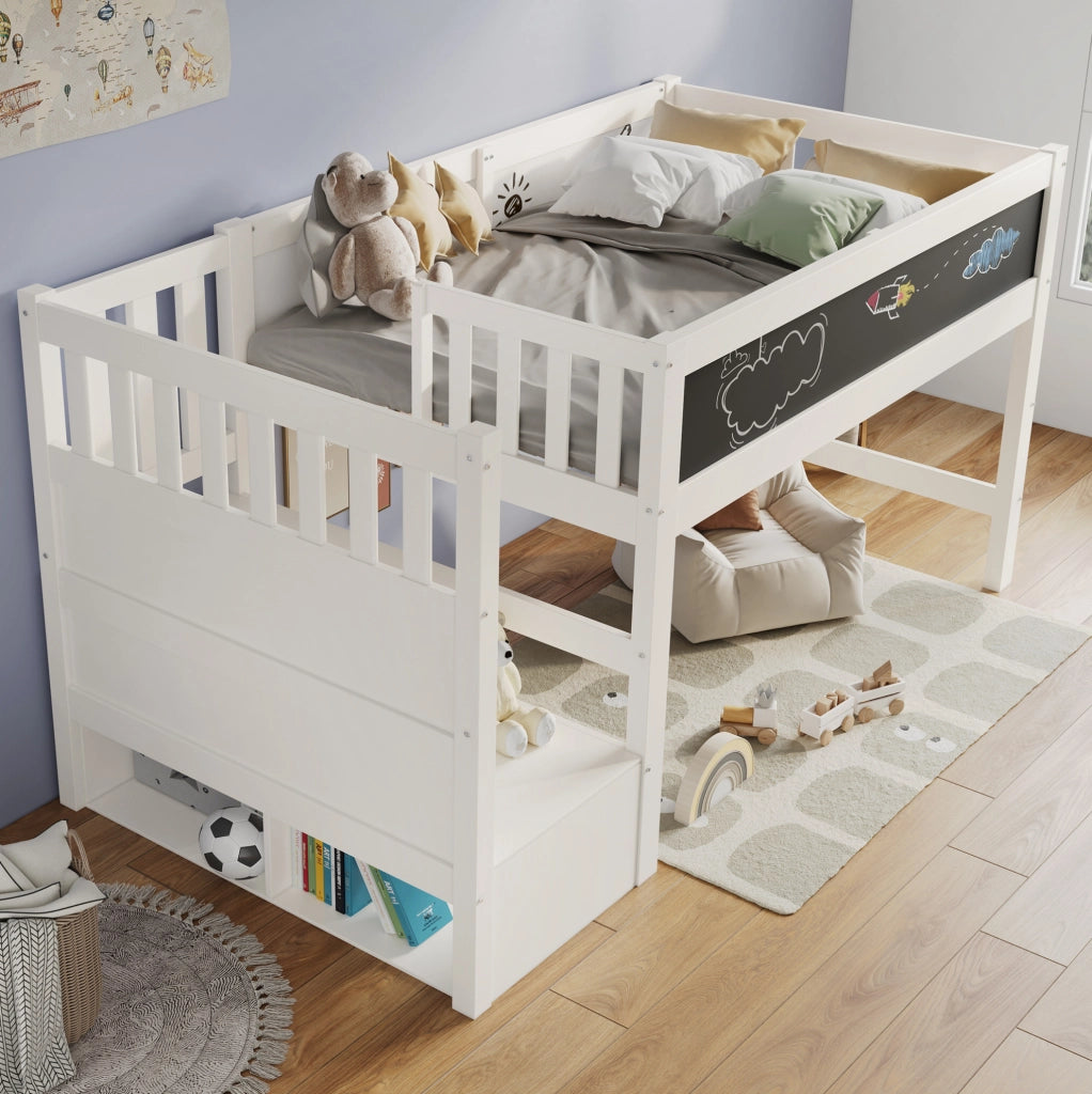 Letto a castello per bambini 90x200 cm in legno bianco con lavagna e protezione anticaduta, senza materasso