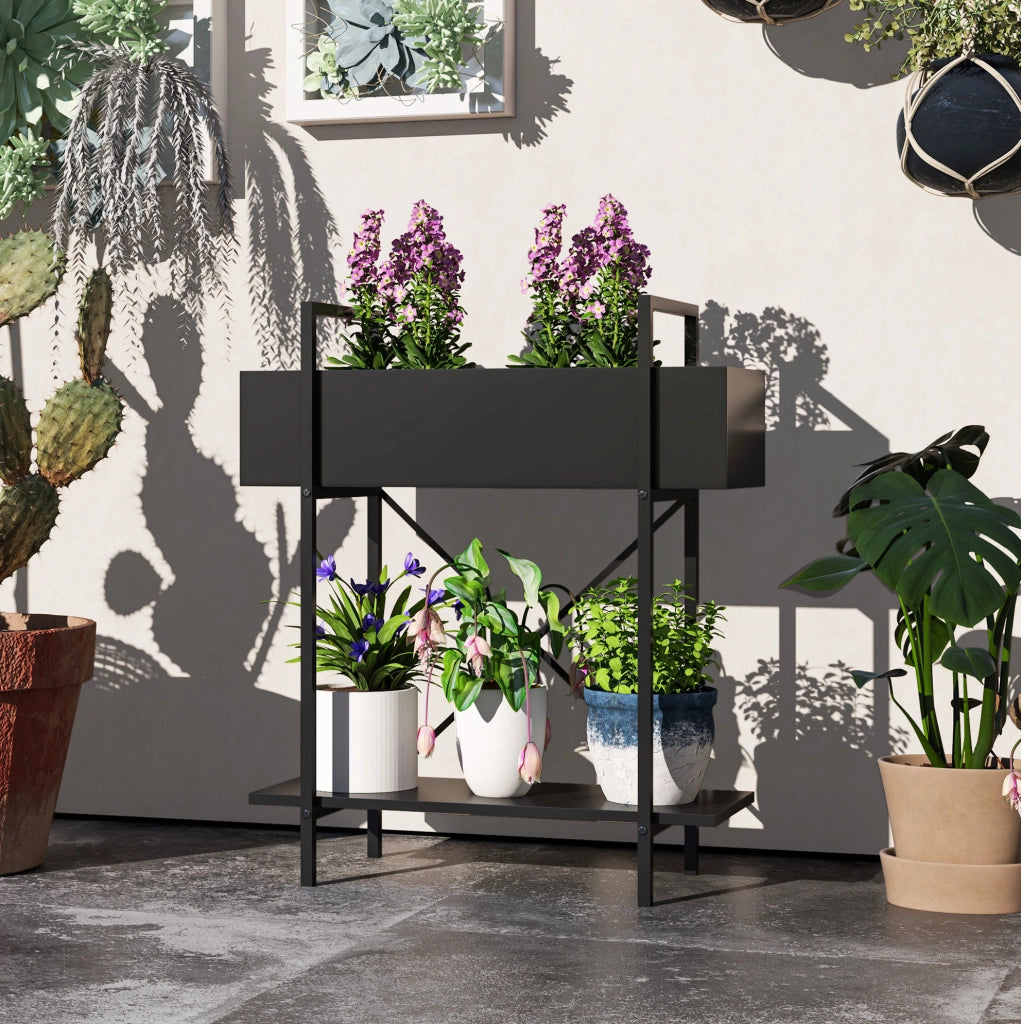 Porta piante a 2 livelli in metallo nero 70 cm, da interno ed esterno