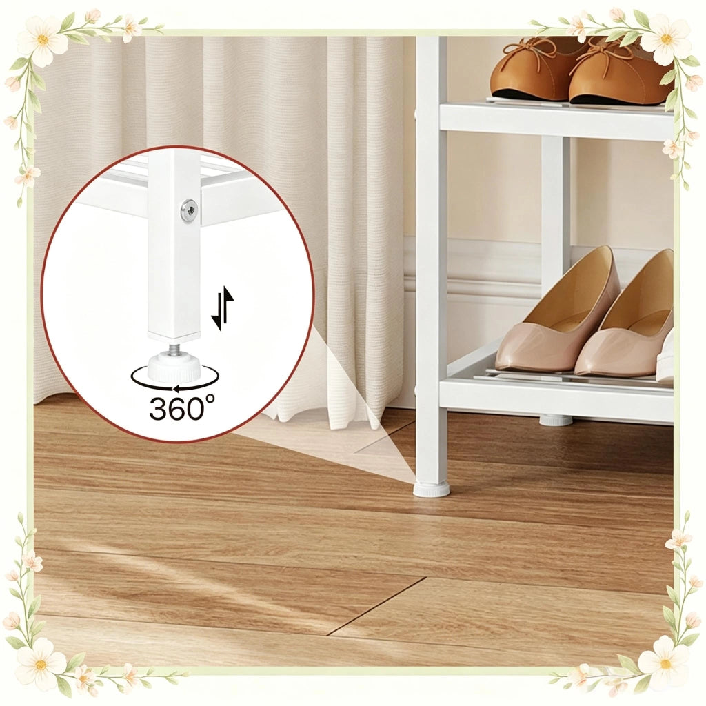 Mobile da ingresso con 7 ganci doppi, panca e 2 ripiani per scarpe, in metallo e legno, bianco, 60 × 31,5 × 170 cm