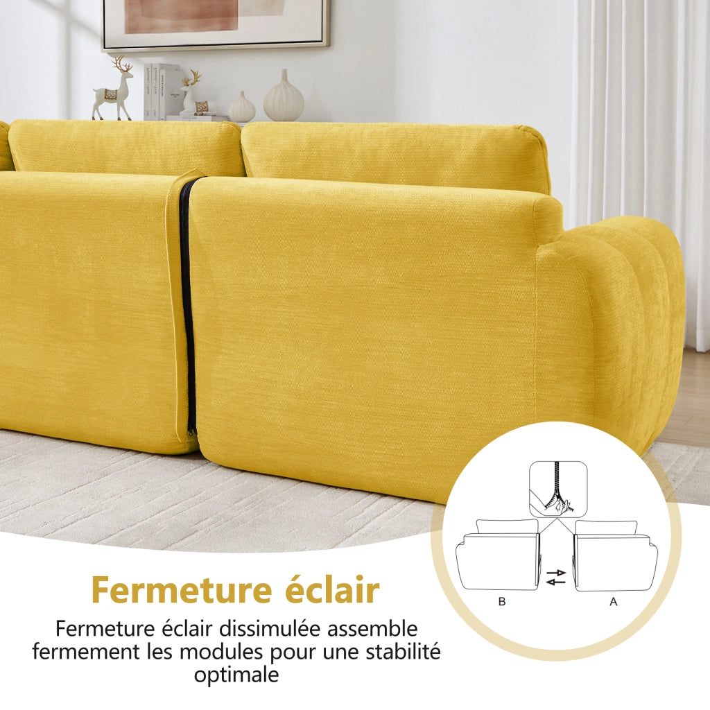 Divano modulare a 2 posti in ciniglia giallo con seduta profonda e braccioli 68 × 194 × 97 cm