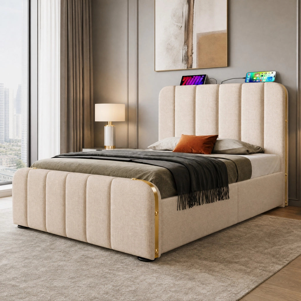 Letto singolo contenitore idraulico con USB e Type-C 90x200 cm; lino beige