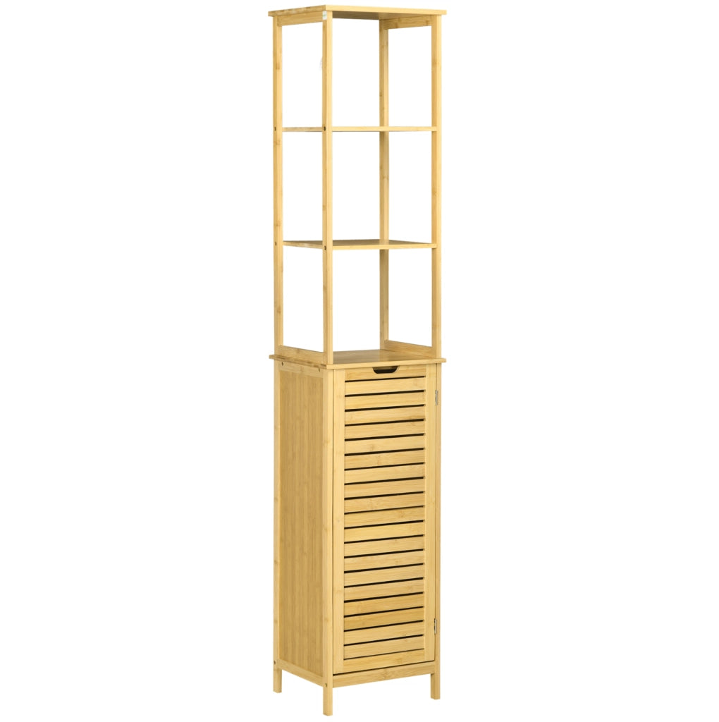 Mobiletto da bagno in bambù 34x30x173 cm con 3 ripiani aperti e 1 anta, stabile e salvaspazio