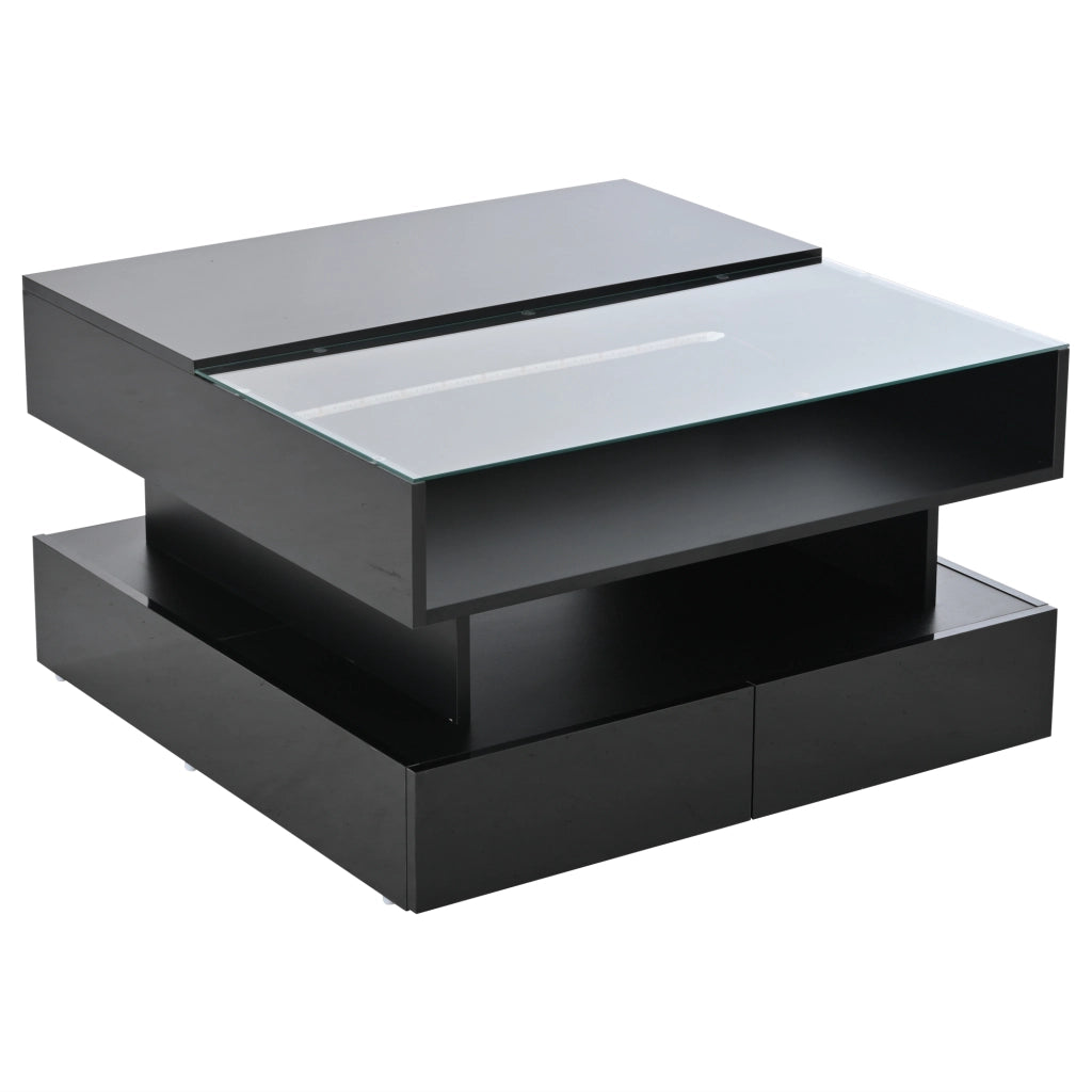 Tavolino da salotto elevabile 80 x 80 x 45 cm nero in truciolare e vetro temperato con 2 cassetti e LED