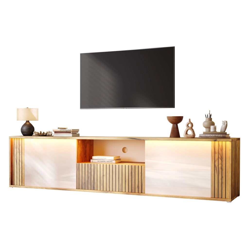 Mobile Porta TV 180 cm per 75 Pollici con Luci LED; Bianco e Legno; 1 Cassetto e 2 Ante