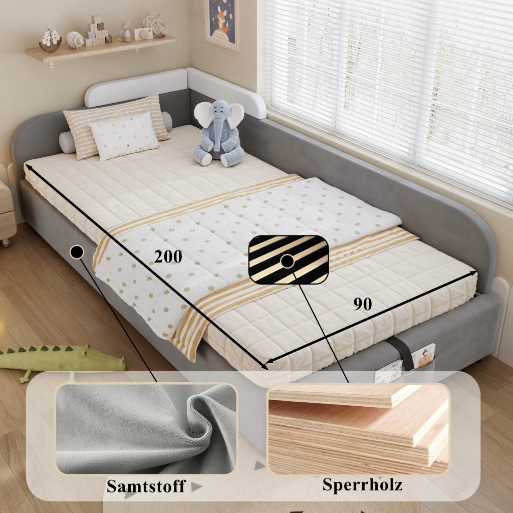 Letto singolo contenitore 90x200 cm in velluto grigio e bianco; sollevamento idraulico e sponda destra per cameretta