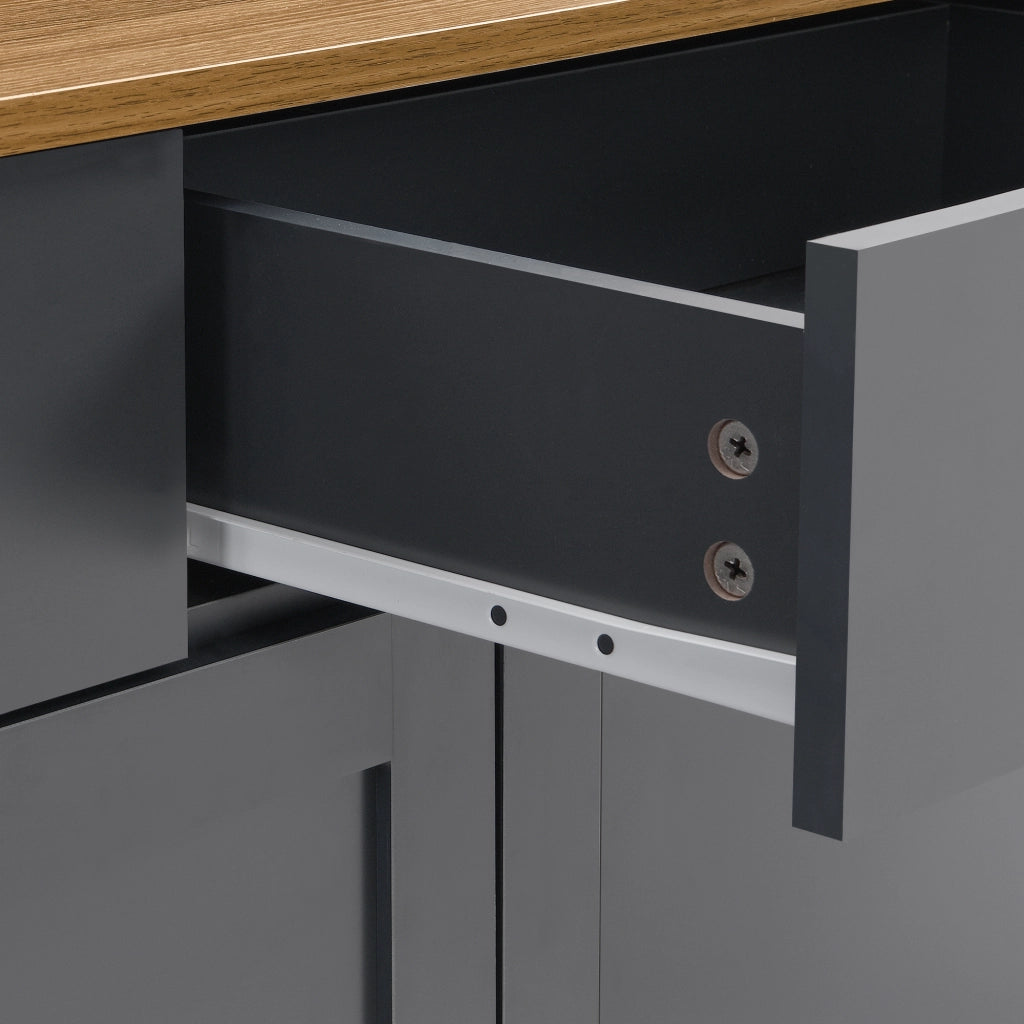 Credenza con quattro ante tre cassetti e ripiani regolabili in MDF grigio nero e finitura legno 160 × 37 × 75 cm