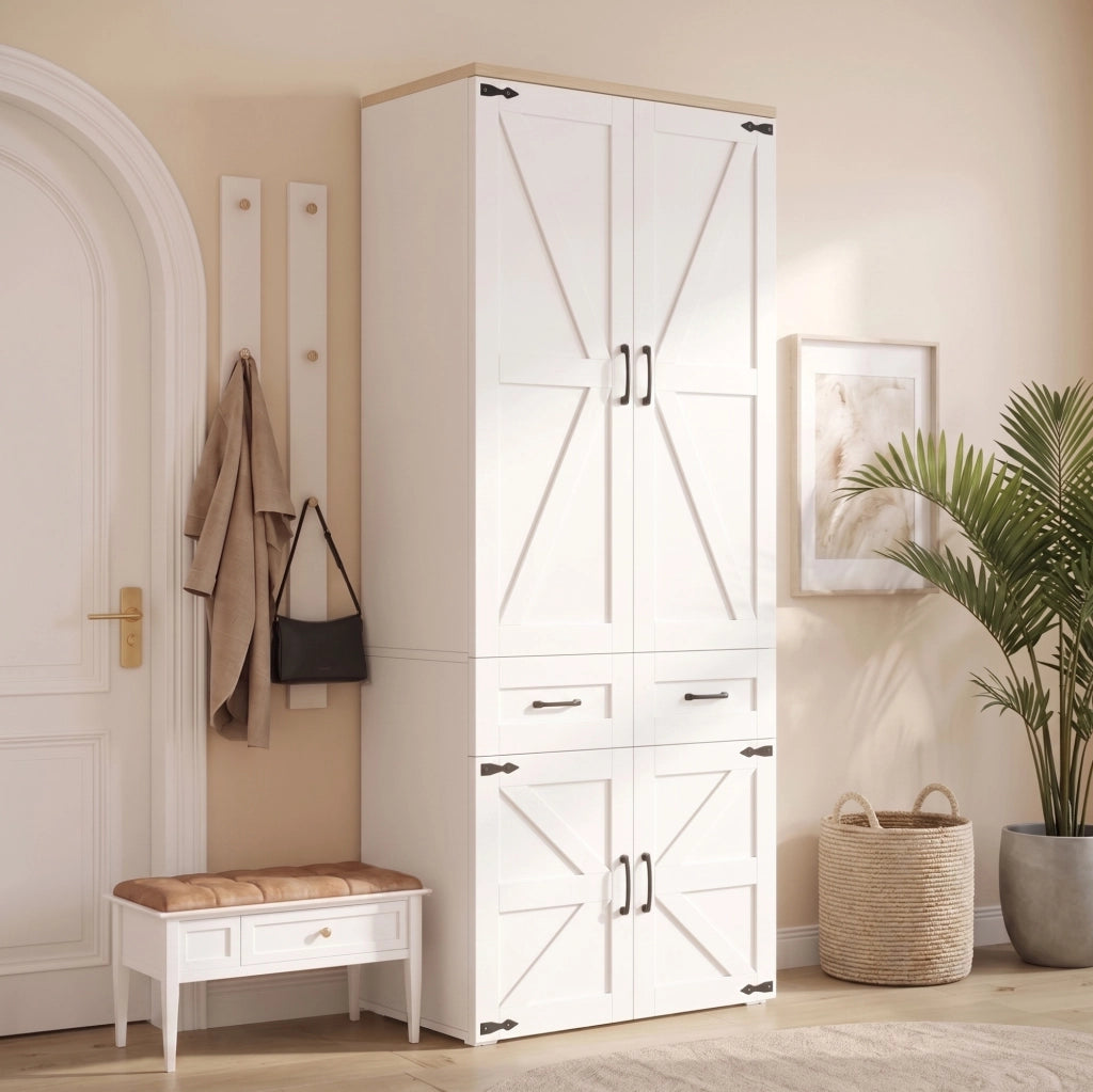 Armadio con 4 ante, 2 bastoni appenderia e 5 cassetti, 90x50x200 cm, stile country bianco