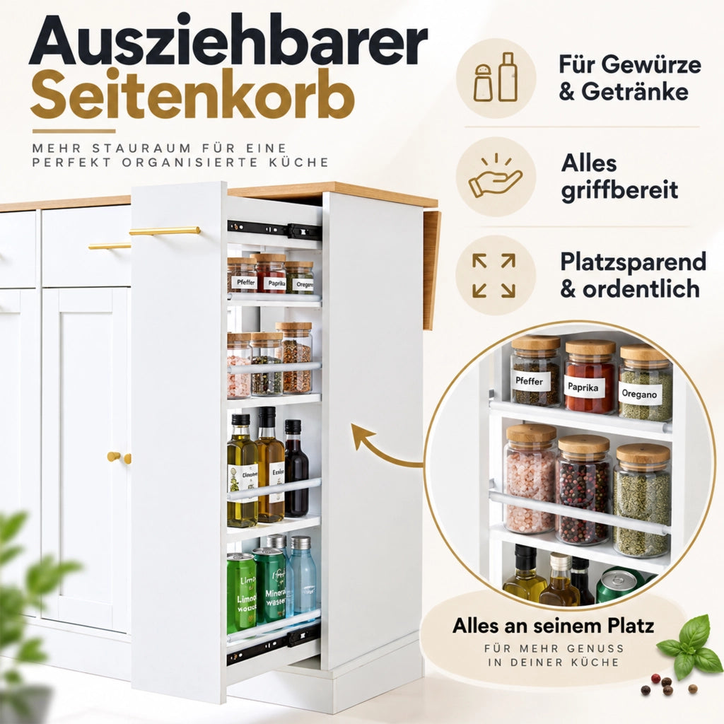 Mobile contenitore da cucina con piano pieghevole, vano pattumiera, 2 cassetti e ripiano estraibile, bianco e naturale